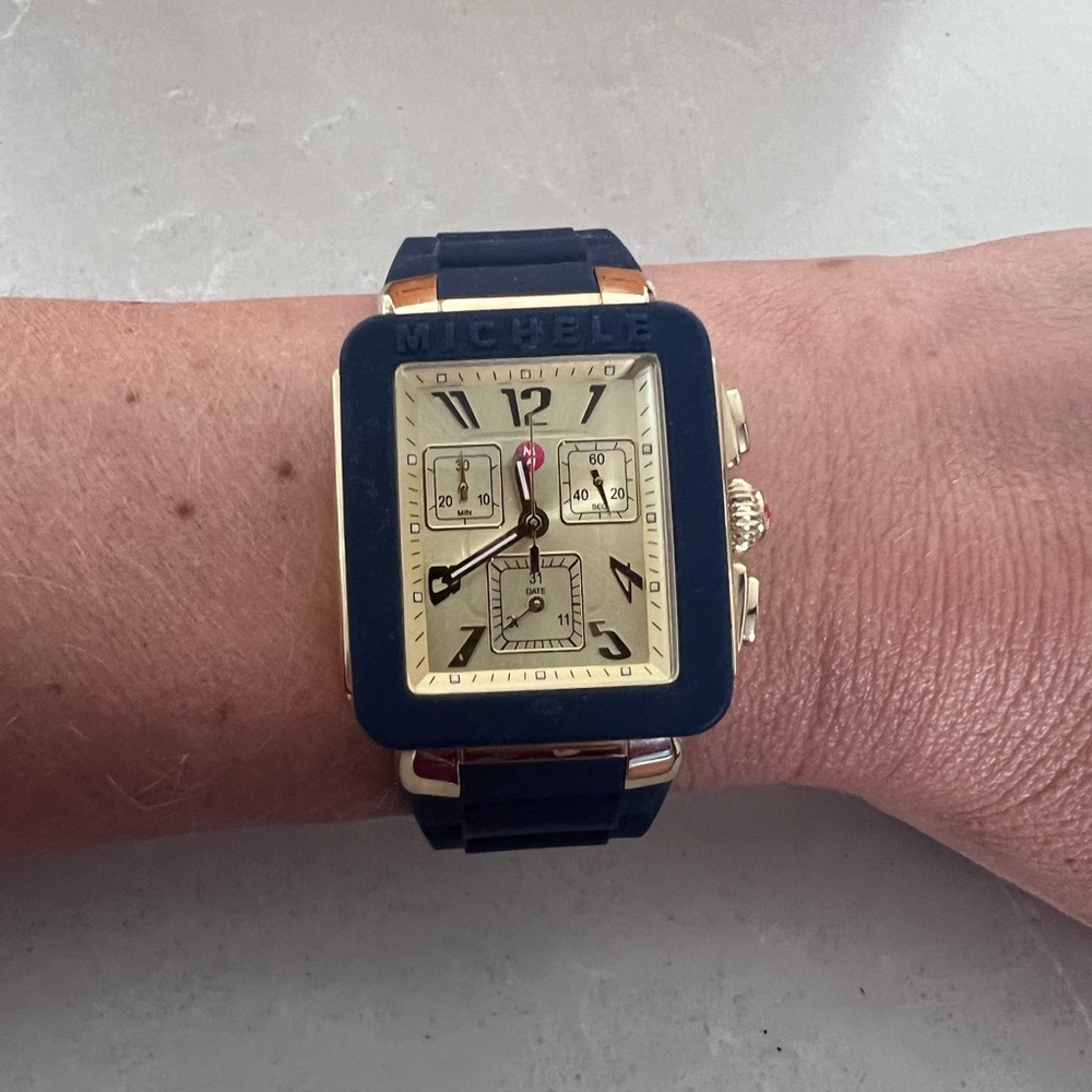 Blue and Gold Michele watch with rubber strap